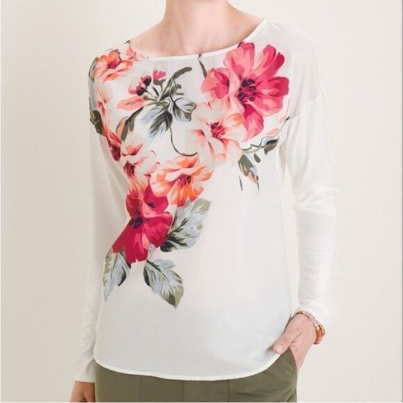 Chicos Floral Front Knit Woven Tee Boat Neck Ivory Ecru Long Sleeve Women Large - Picture 2 of 14